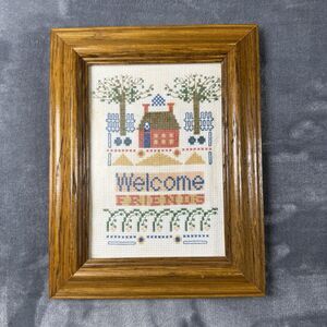 VTG Handmade Framed Cross Stitch Welcome Friends Wall Art 8x10